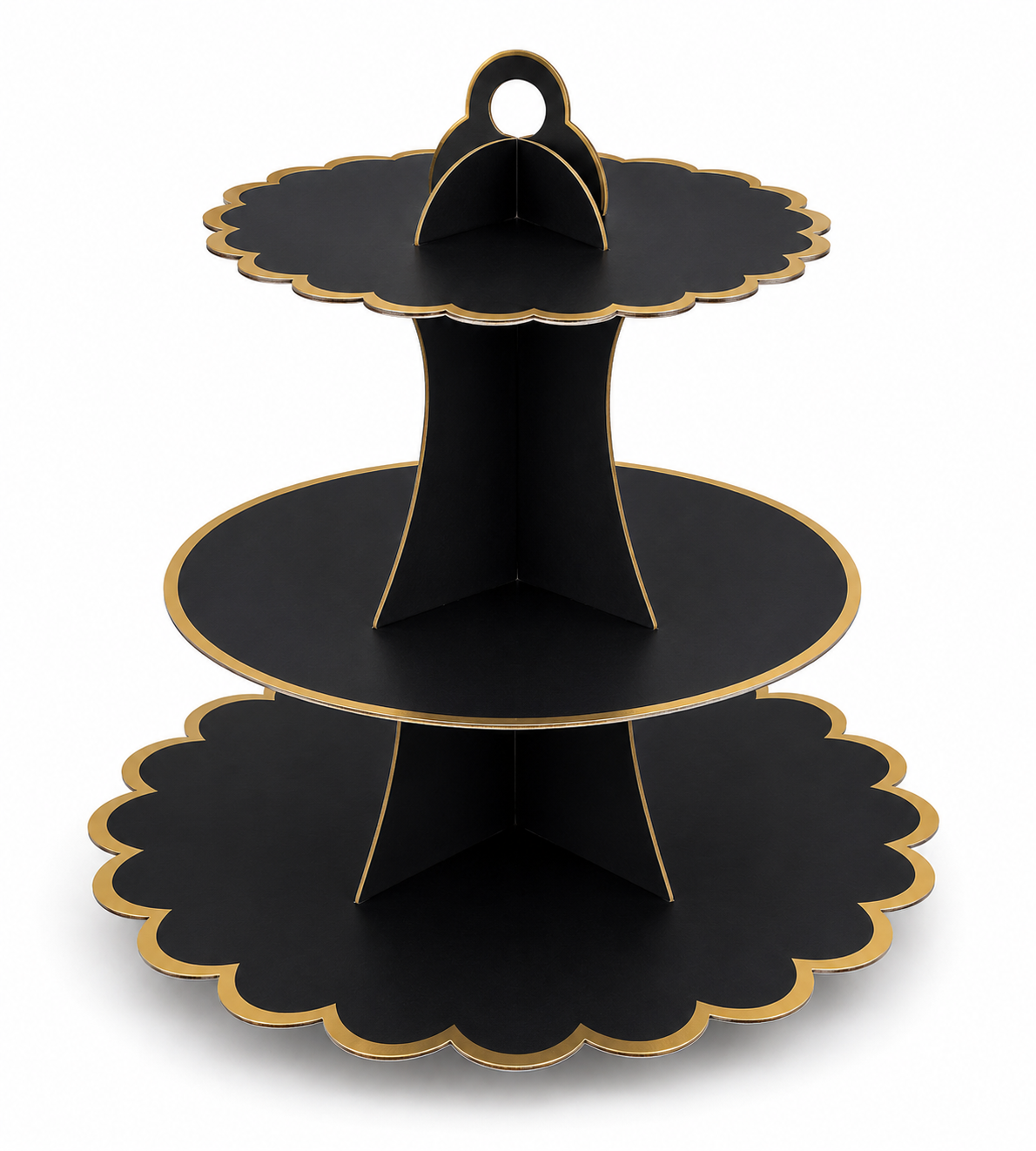 Black and gold three-tiered stand on a white background