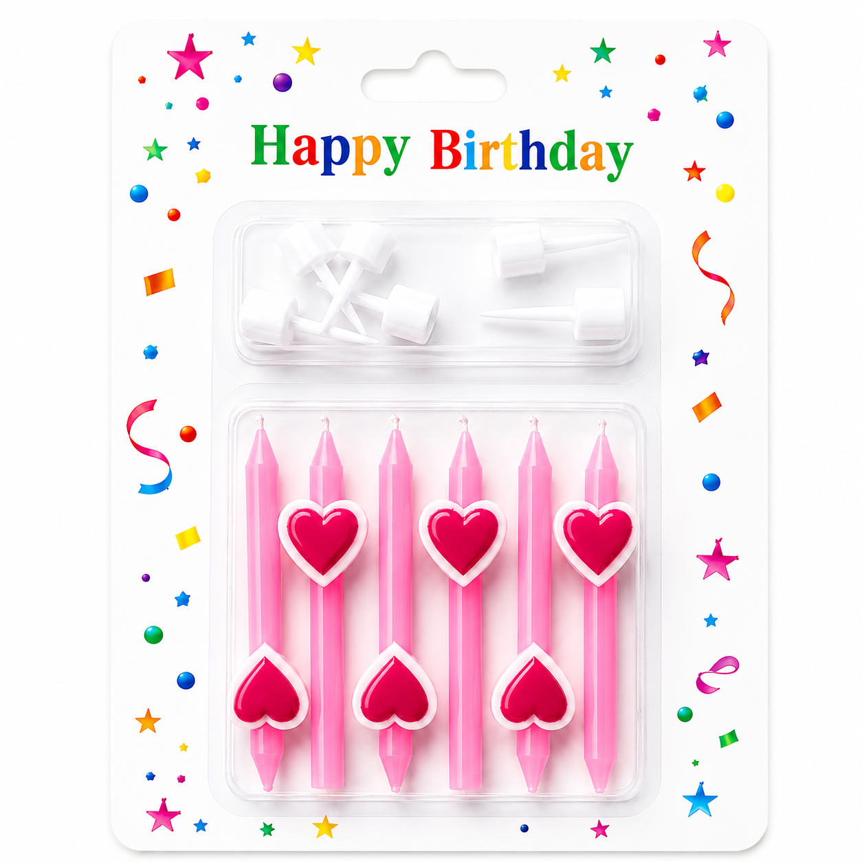 Cute Heart Candle Set featuring pastel pink birthday candles with heart toppers in festive blister packaging on a clean white background.