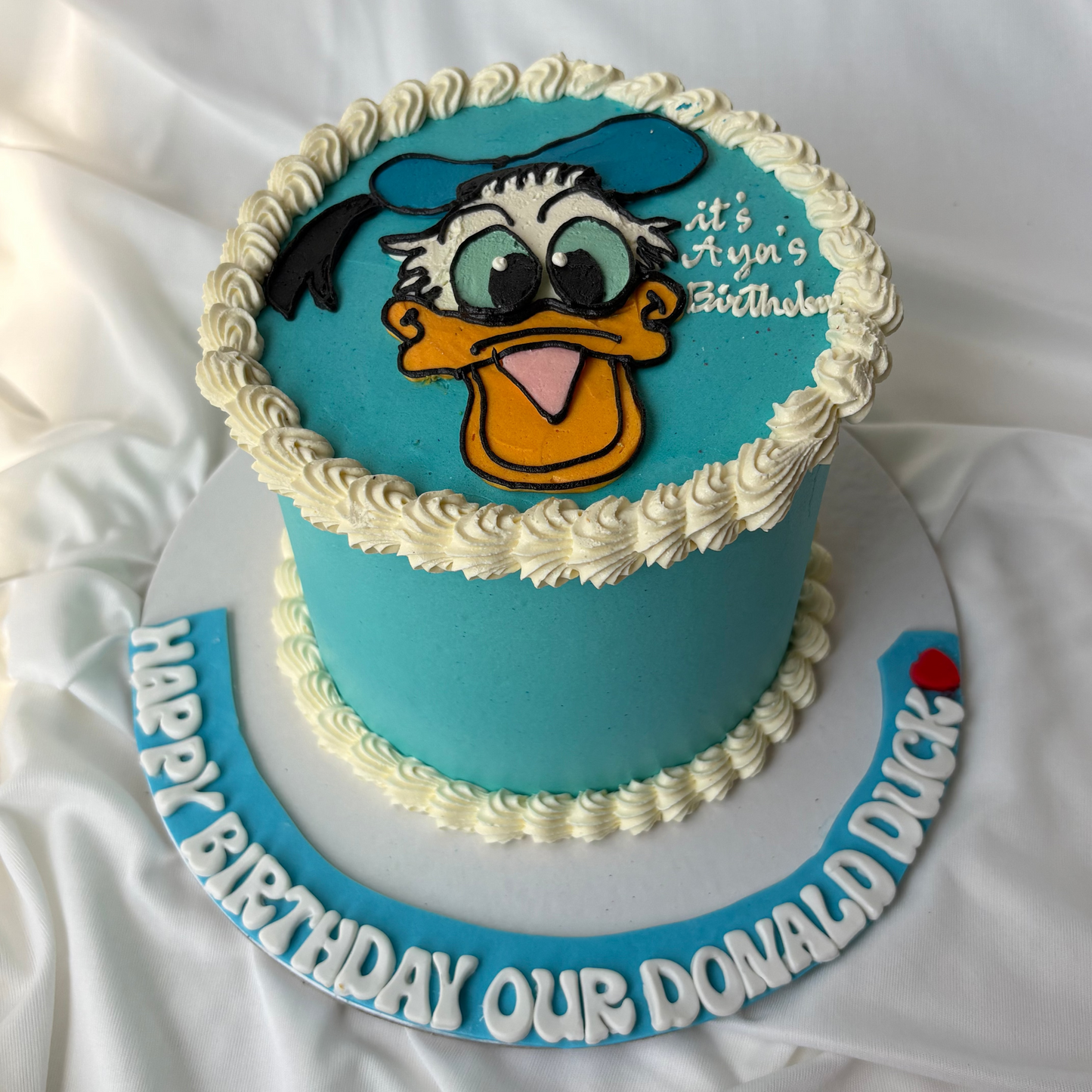 Birthday cake with Donald Duck face and text on a white background