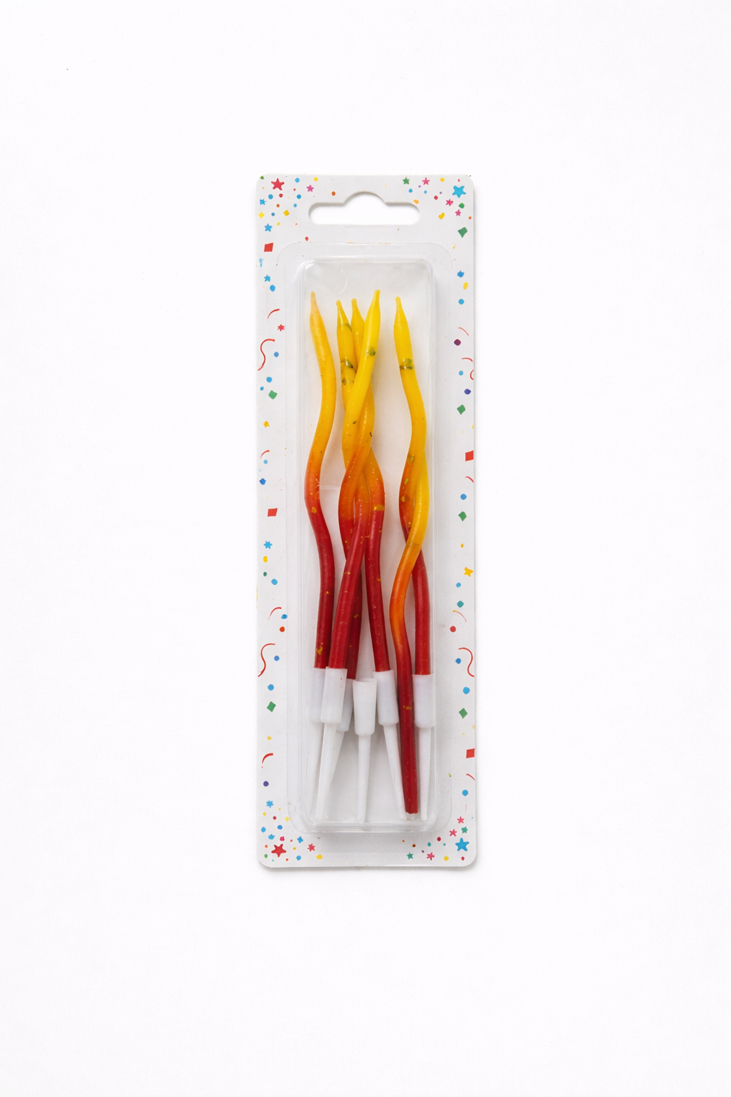 Set of colorful plastic forks in packaging on a white background
