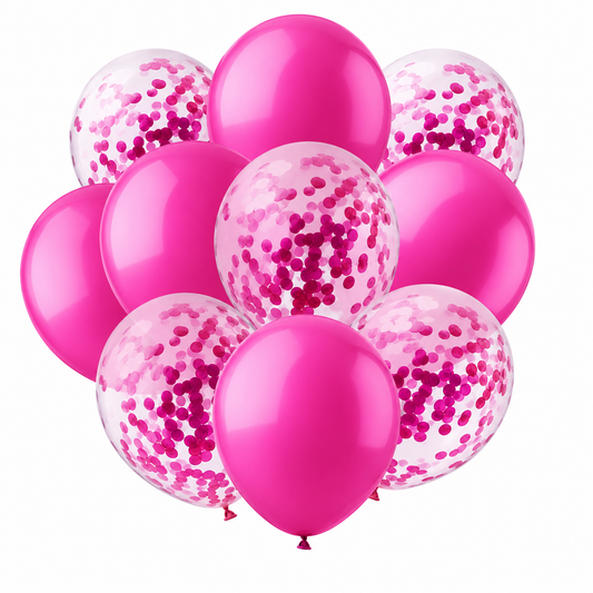 Fuchsia balloons with confetti on a white background