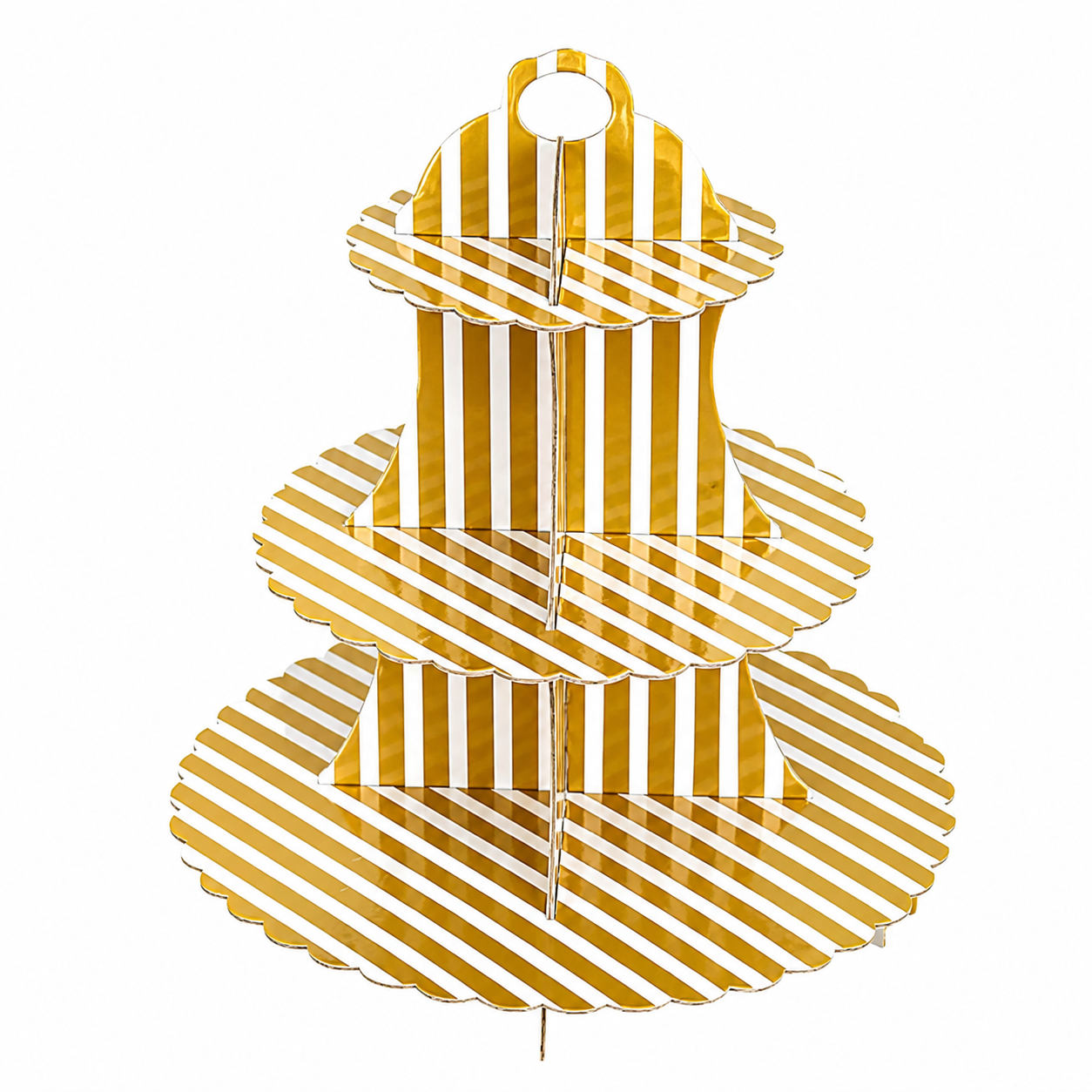 Gold striped cupcake stand on a white background