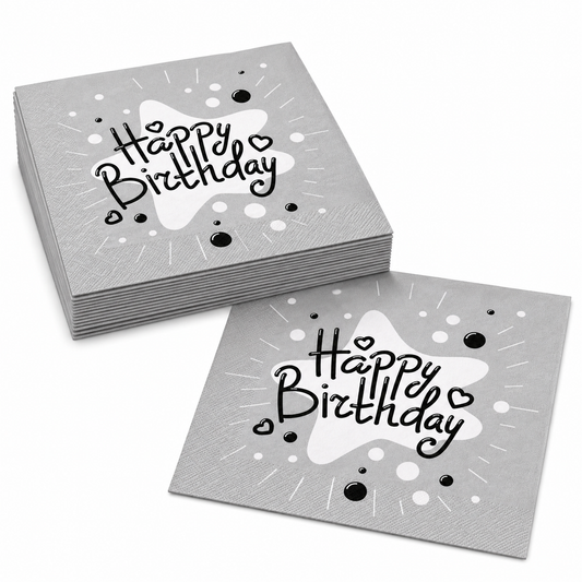 Stack of silver birthday napkins with 'Happy Birthday' text on a white background