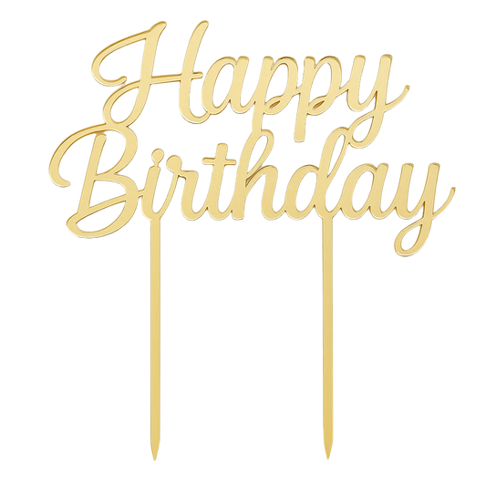 Gold 'Happy Birthday' cake topper on a white background