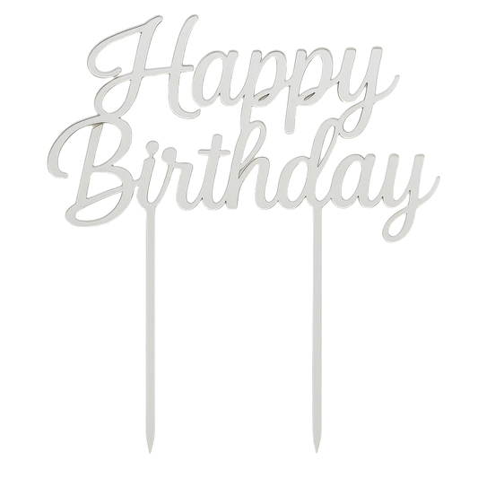 Silver 'Happy Birthday' cake topper on a white background