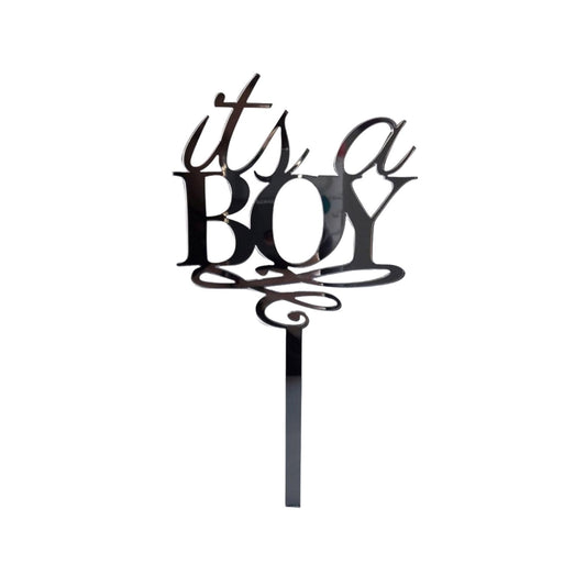 Gold and silver It’s a Boy cake topper with elegant script font