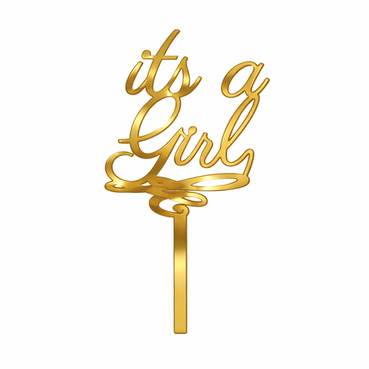 Gold 'it's a girl' cake topper on a white background