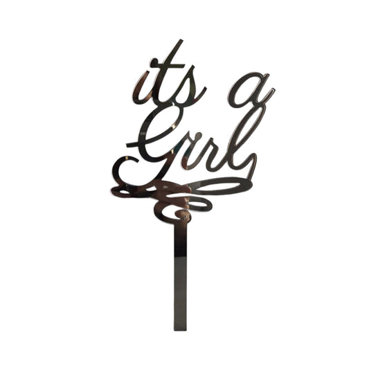 Reflective gold and silver It’s a Girl cake topper in script font