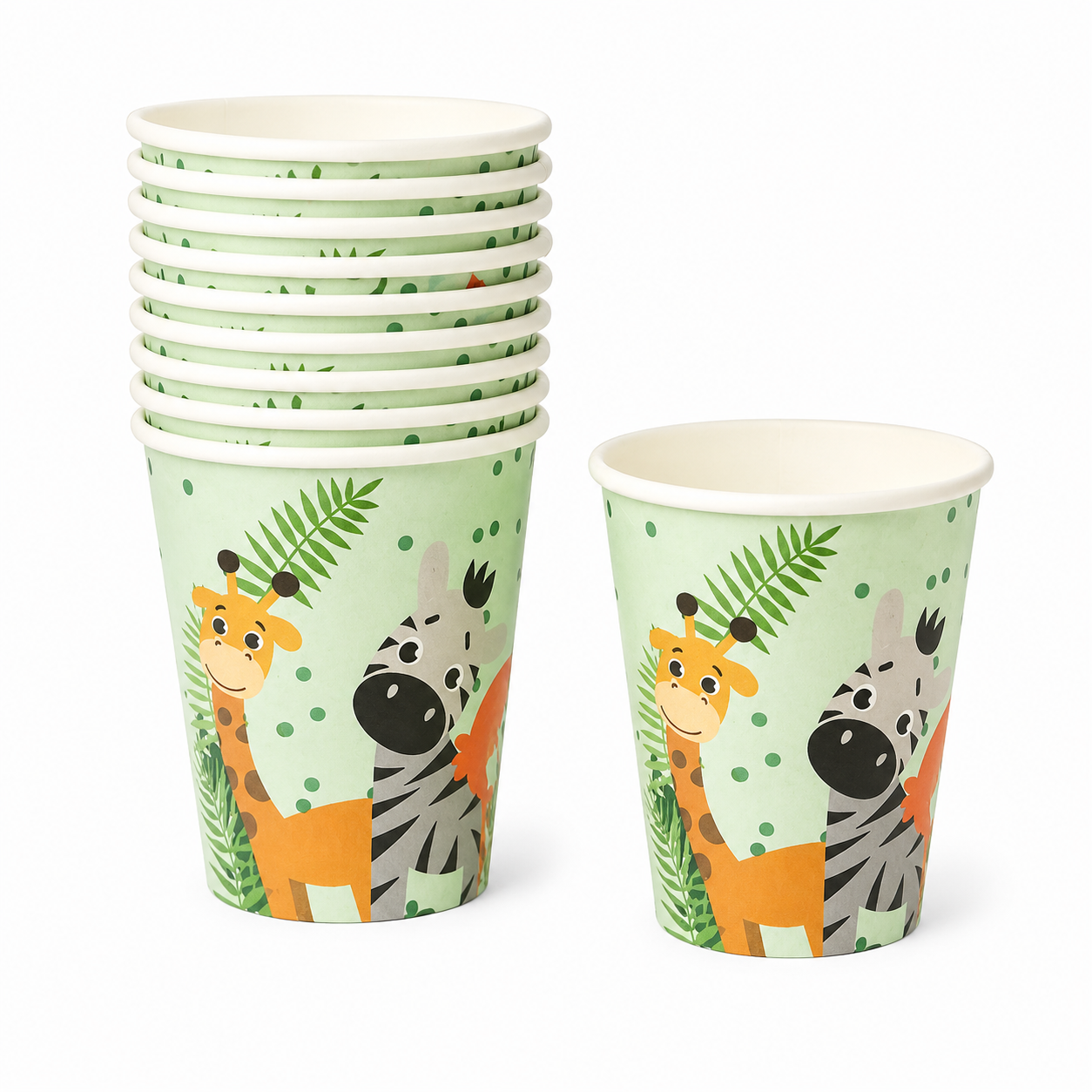 Set of paper cups with jungle animal design on a white background