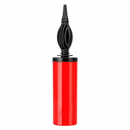 Red and black inflatable device on a white background