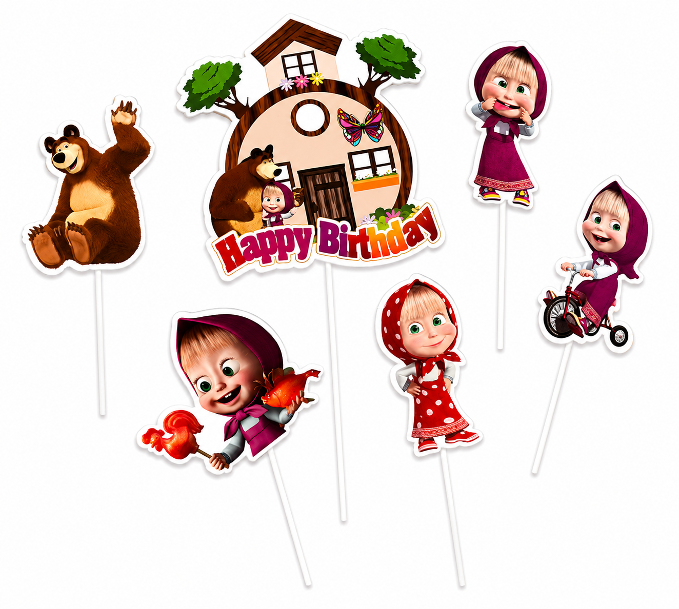 A set of cartoon birthday party decorations on sticks, featuring Masha and the Bear characters, a house with a tree, and a 'Happy Birthday' message, shown on a plain white background.