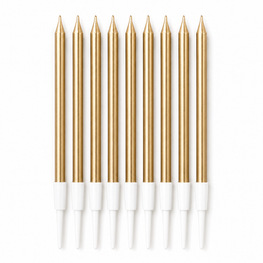 Eight gold taper candles with white plastic wicks, arranged in a neat vertical row on a solid white background.