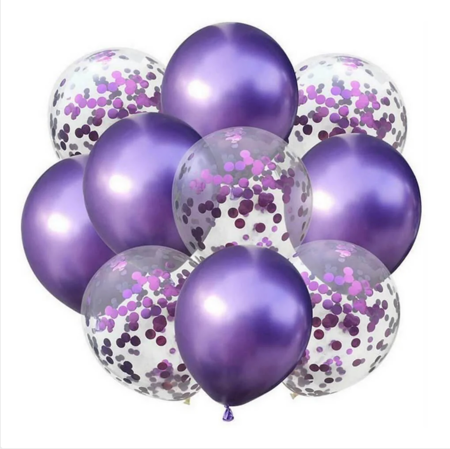 A cluster of round purple confetti balloons with a transparent section filled with confetti, attached to a string.