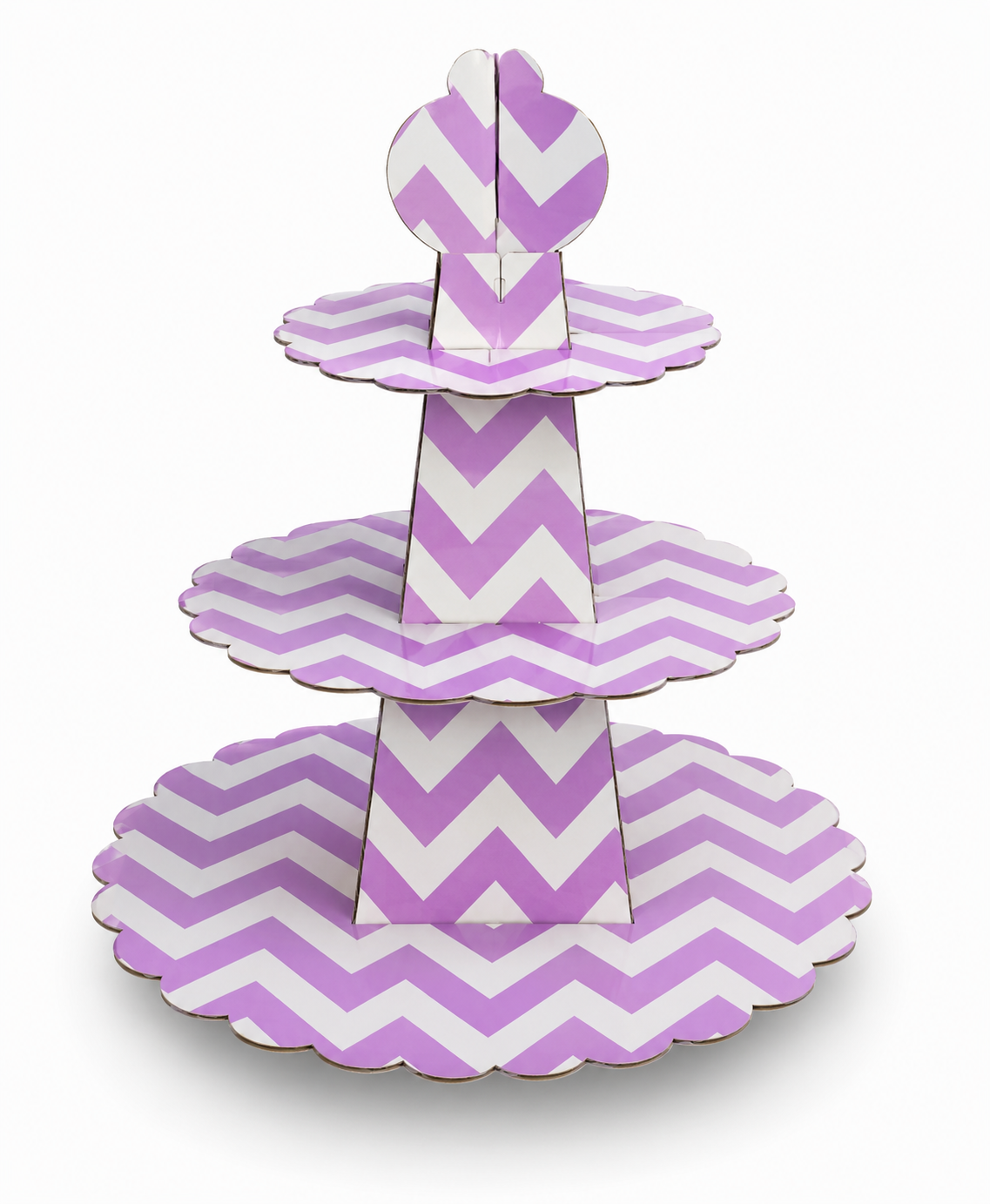 Three-tiered paper cupcake stand with purple and white chevron pattern on a white background