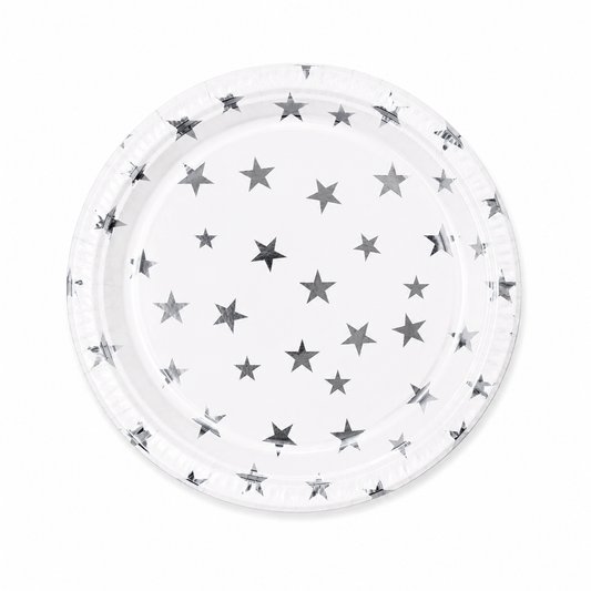 Silver Celebration Star Paper Plate with metallic foil stars on white background