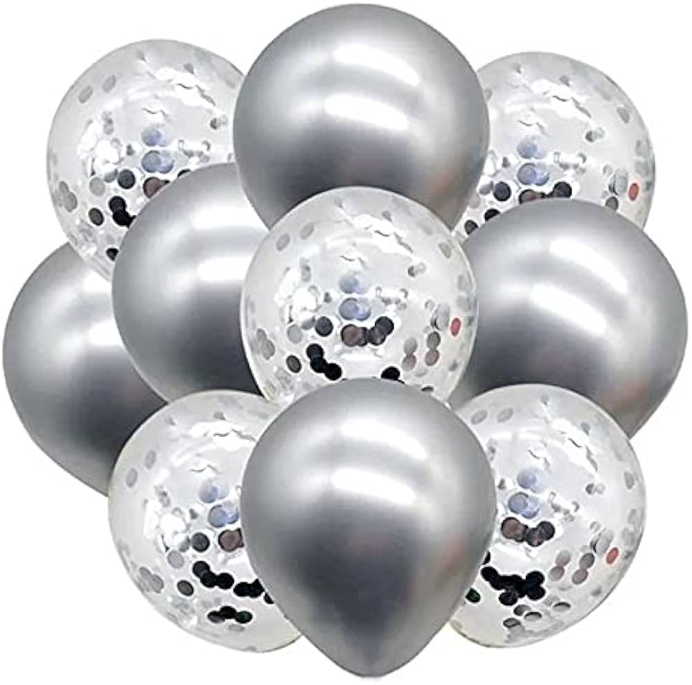 A cluster of round silver confetti balloons with dots and reflective surfaces, intended for party decorations.
