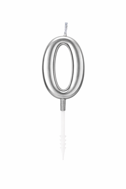 Silver number '0' birthday candle on a white background
