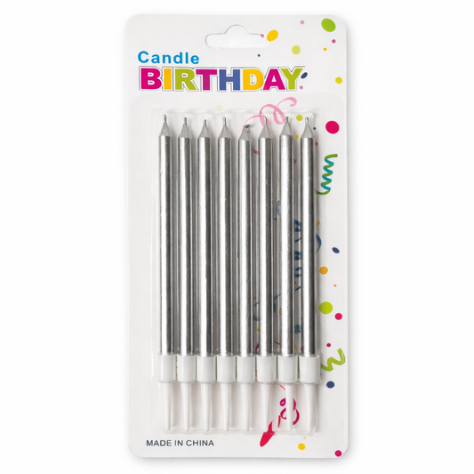 Pack of birthday candles in packaging with colorful text and designs.