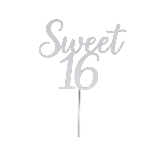 Elegant silver "Sweet 16" birthday cake topper in acrylic with a smooth, polished look