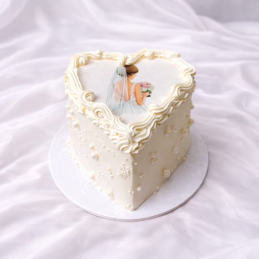 Wedding-themed cake with a bride and groom on a white background