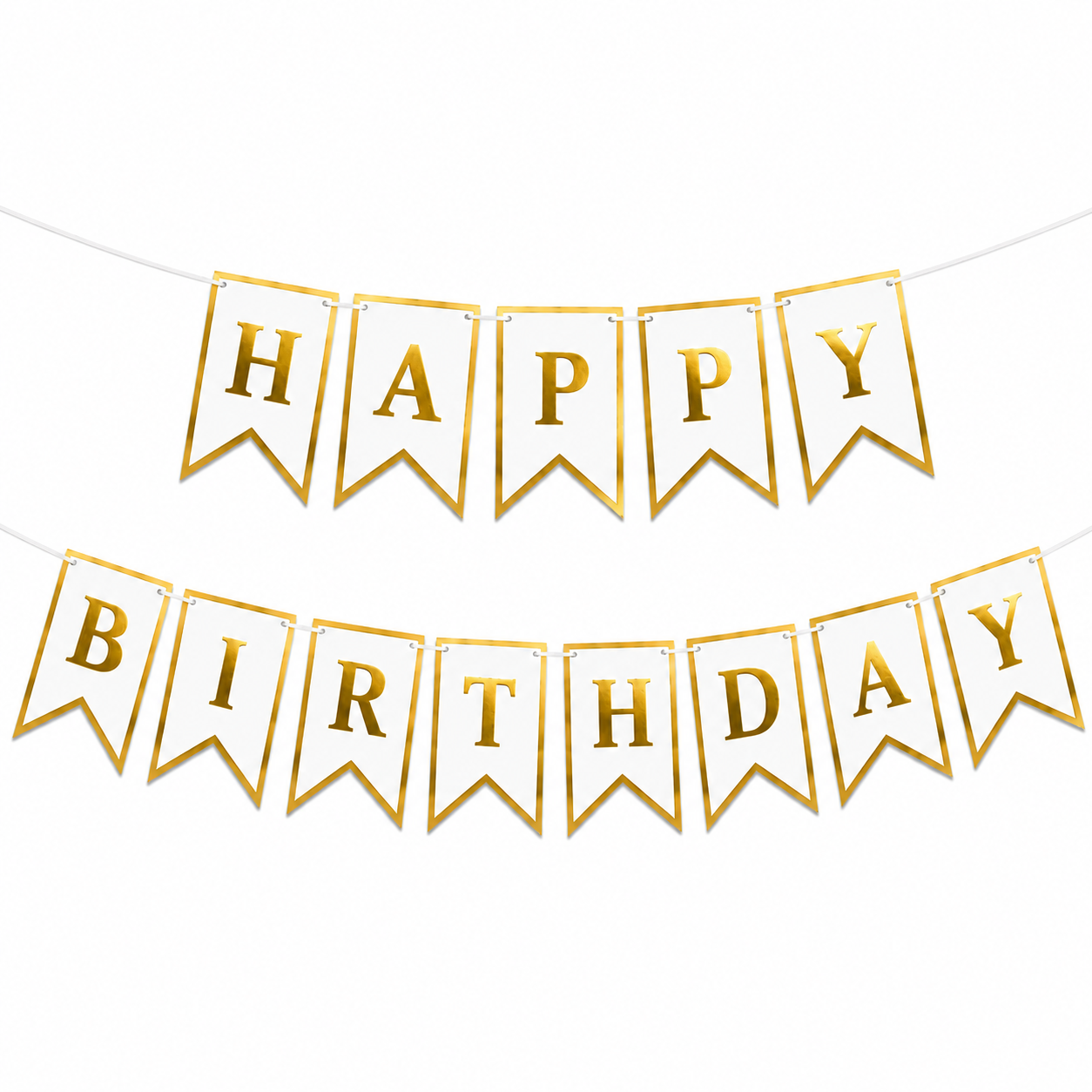 White and gold Happy Birthday banner with elegant pennant flags and metallic gold lettering on a clean white background.
