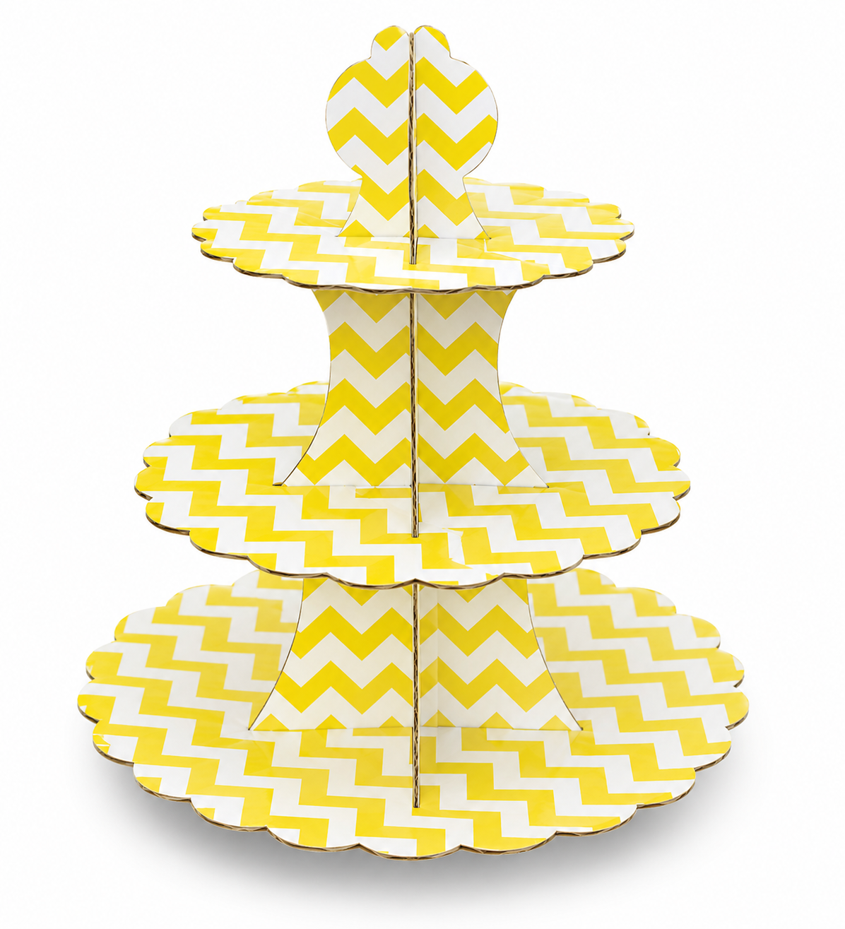 Three-tiered cupcake stand with yellow and white chevron pattern on a white background