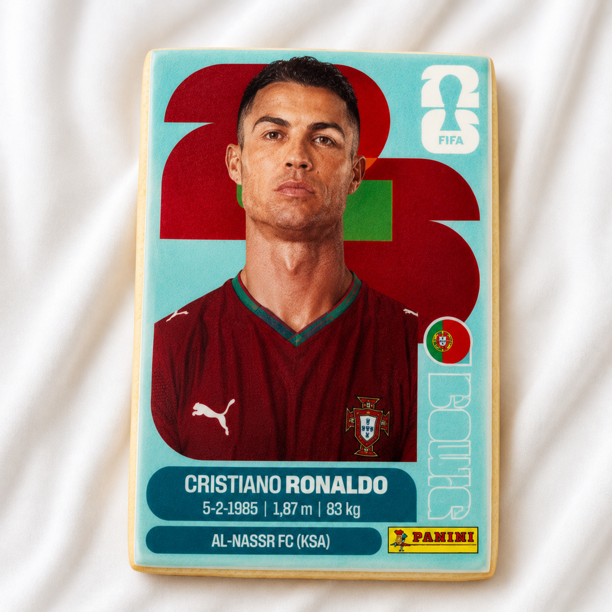 Soccer Cookie card of Cristiano Ronaldo with Panini logo