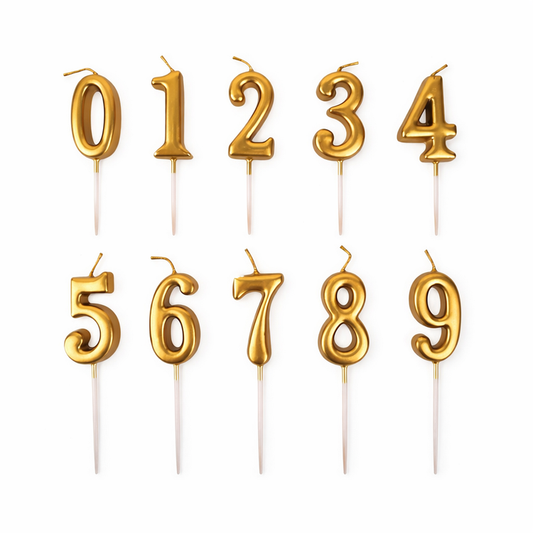 Gold number candles 0–9 set for birthday cakes.