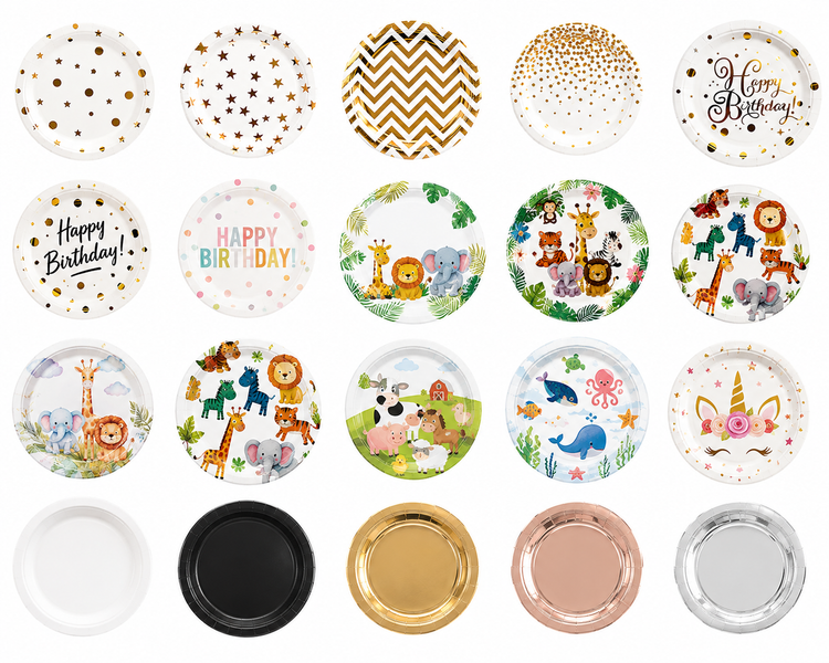 Discover our stylish Plates Collection featuring elegant metallic designs, fun birthday themes, cute safari characters, and classic party essentials perfect for birthdays, baby showers, graduations, and every special celebration. ✨