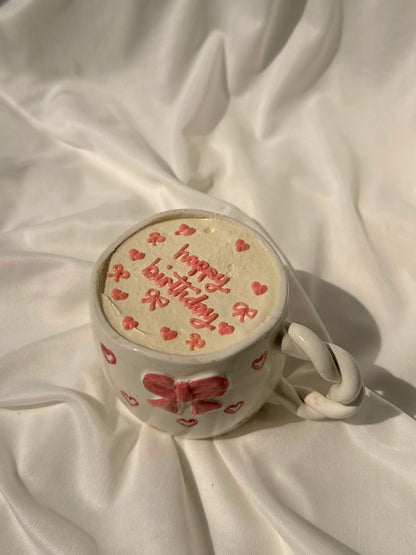Birthday Coquette Cake with happy birthday message in bow and heart mug