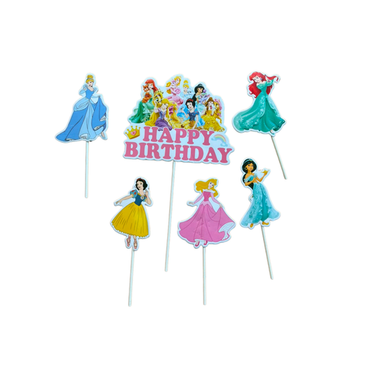 A set of six Disney princess birthday cake toppers on white sticks, featuring individual character designs and a central 'HAPPY BIRTHDAY' topper with multiple princess characters.