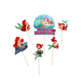 Six Ariel-themed mermaid cake toppers on sticks, including a central 'Happy Birthday' sign, arranged on a plain white background.