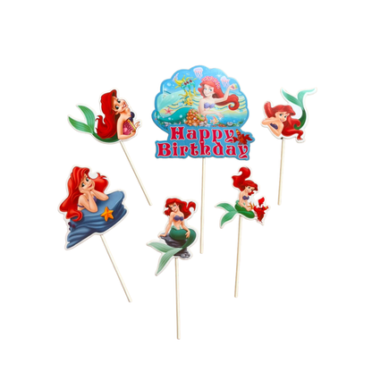 Six Ariel-themed mermaid cake toppers on sticks, including a central 'Happy Birthday' sign, arranged on a plain white background.