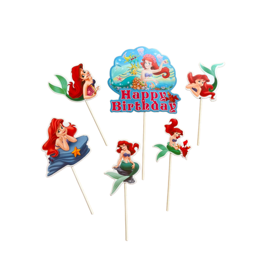 Six Ariel-themed mermaid cake toppers on sticks, including a central 'Happy Birthday' sign, arranged on a plain white background.