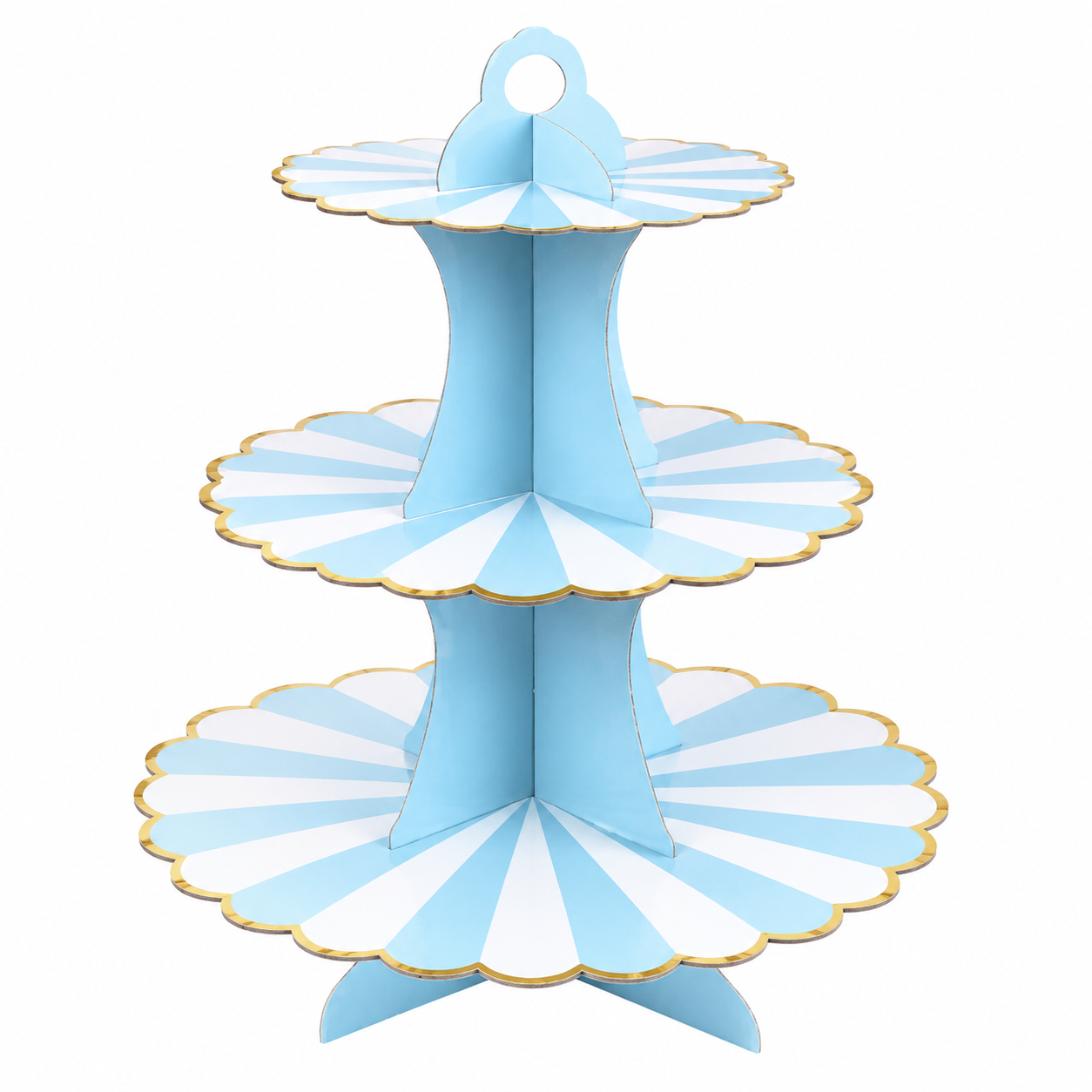 Three-tiered paper cake stand with scalloped edges and gold trim on a white background