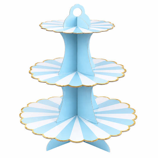 Three-tiered paper cake stand with scalloped edges and gold trim on a white background