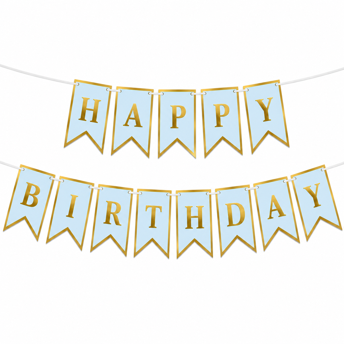 Happy Birthday banner with light blue flags and gold lettering on a white background