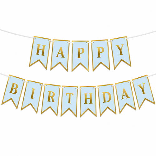 Happy Birthday banner with light blue flags and gold lettering on a white background