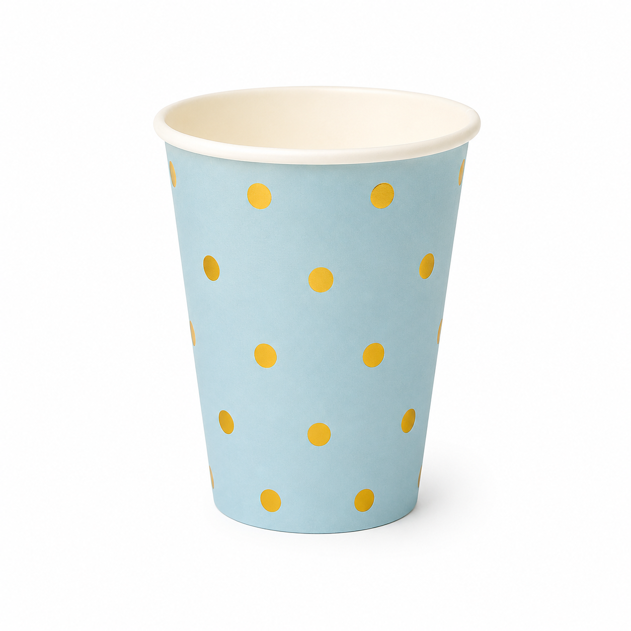 Baby blue paper cup with metallic gold dot design on a white background