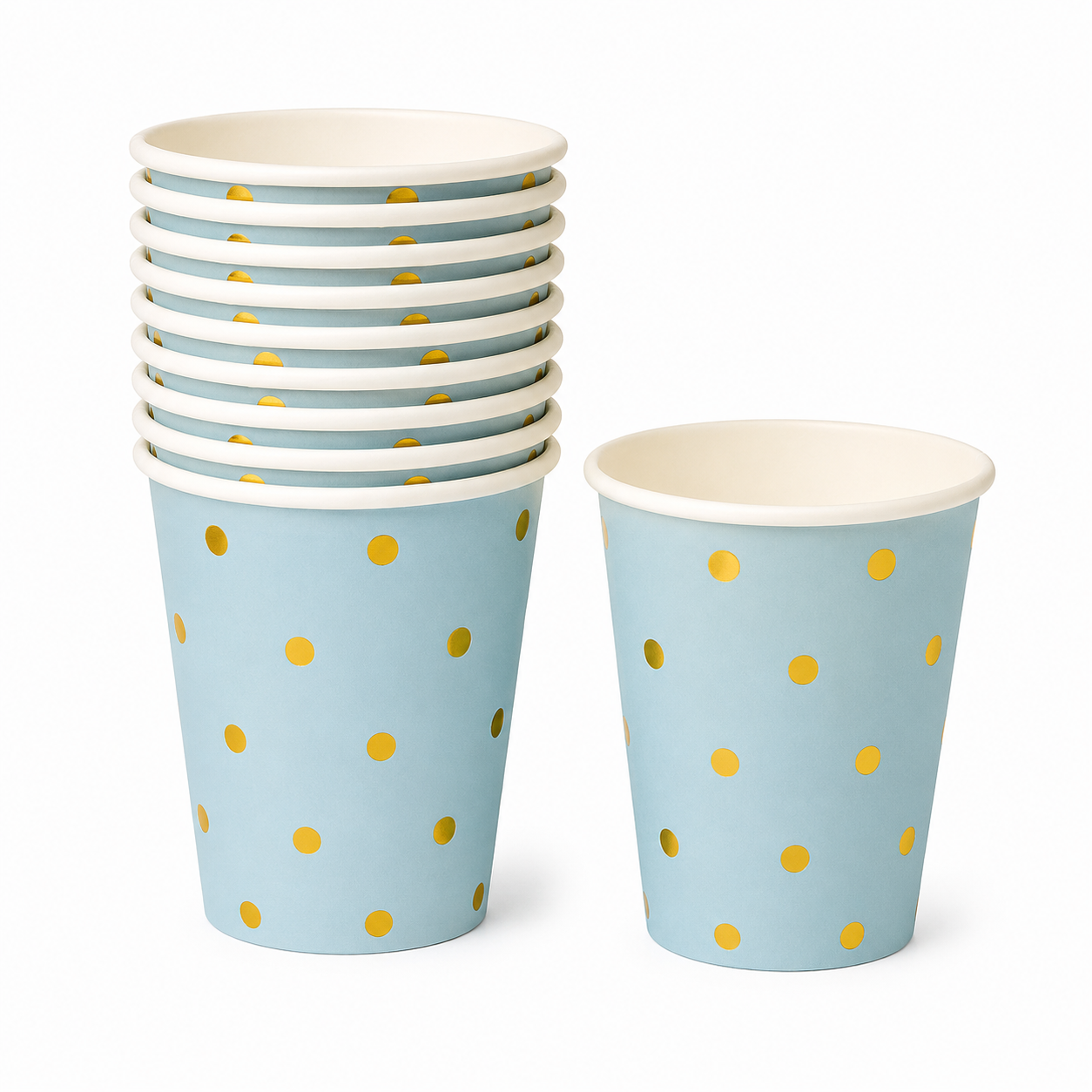 Baby blue paper cup with metallic gold dot design on a white background