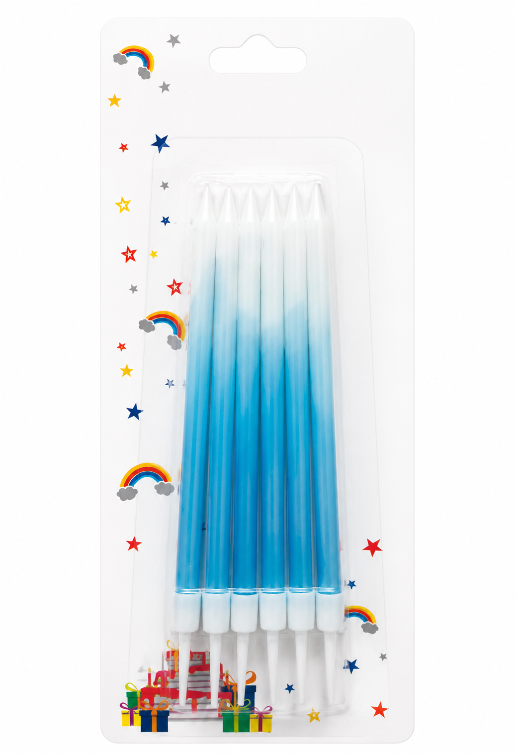 Pack of blue gradient pens with colorful designs on a white background