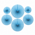 Set of six blue paper fan decorations on a white background