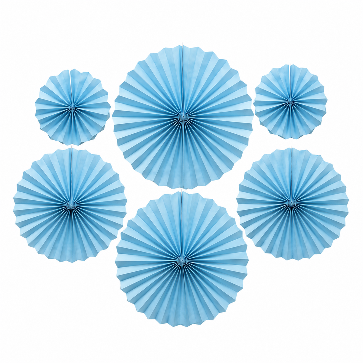 Set of six blue paper fan decorations on a white background