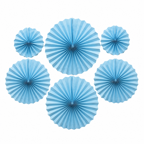 Set of six blue paper fan decorations on a white background