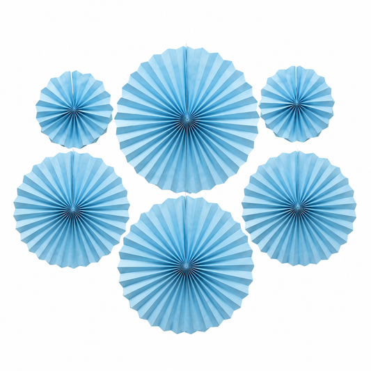 Set of six blue paper fan decorations on a white background