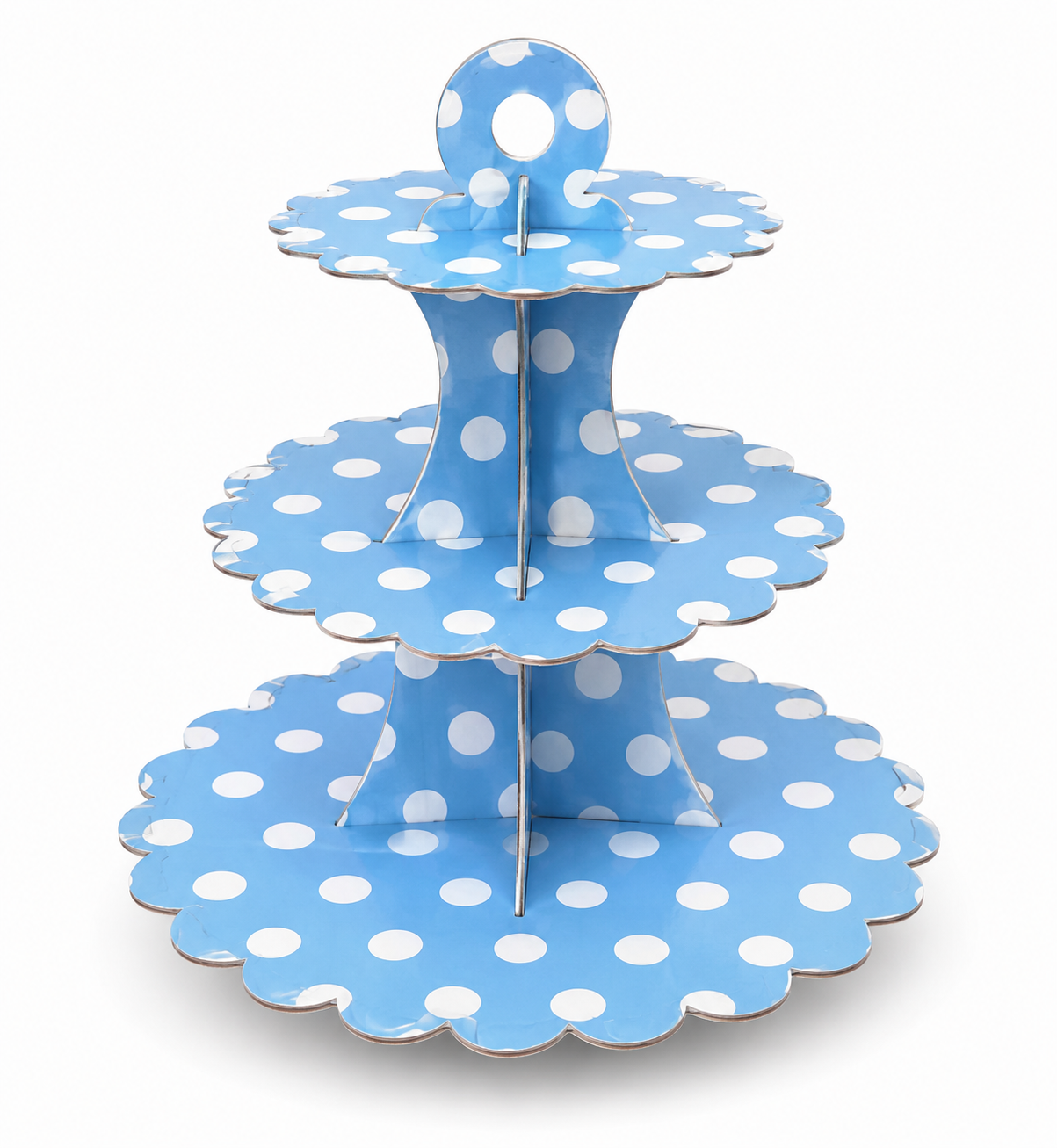 Three-tiered blue polka dot cupcake stand on a white background