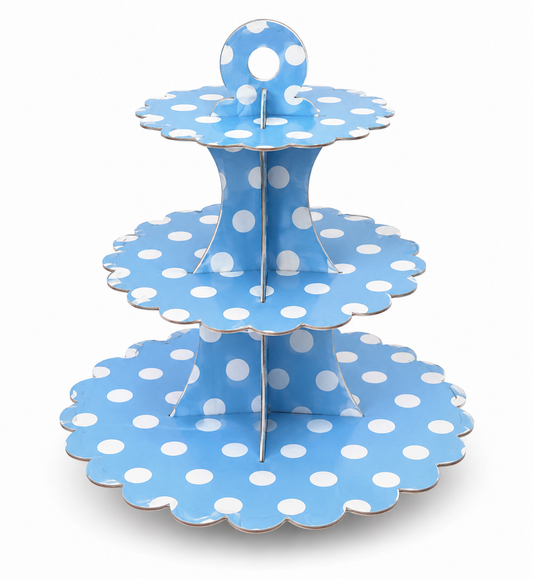 Three-tiered blue polka dot cupcake stand on a white background