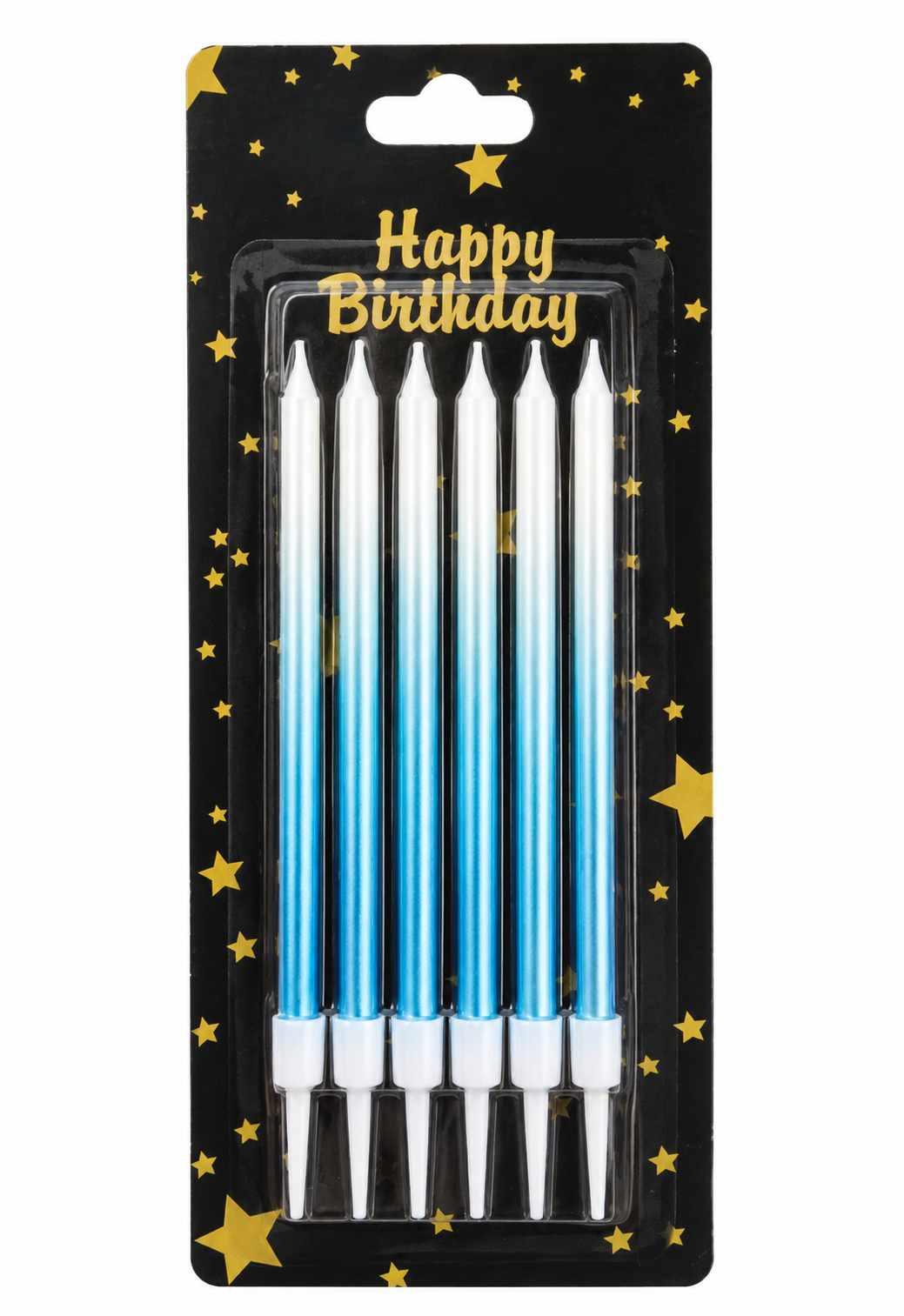 Set of birthday candles in packaging with 'Happy Birthday' text and star decorations.