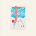 Illustration of a child holding a large heart-shaped flag with hearts around on a light beige background