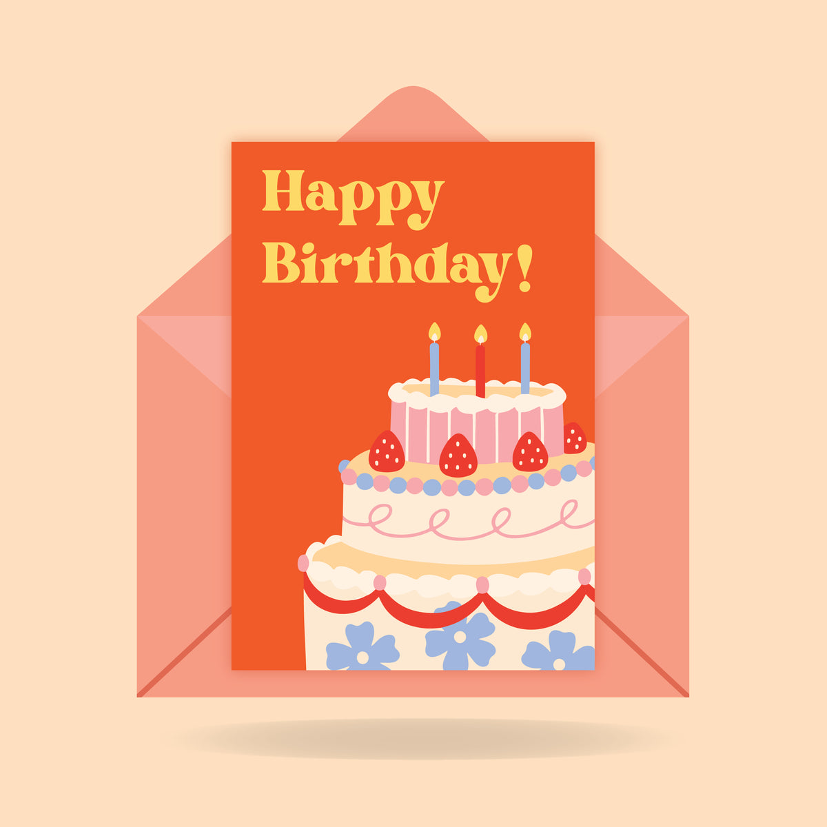 Birthday card with a cake illustration and 'Happy Birthday!' text, inside a pink envelope on a beige background.
